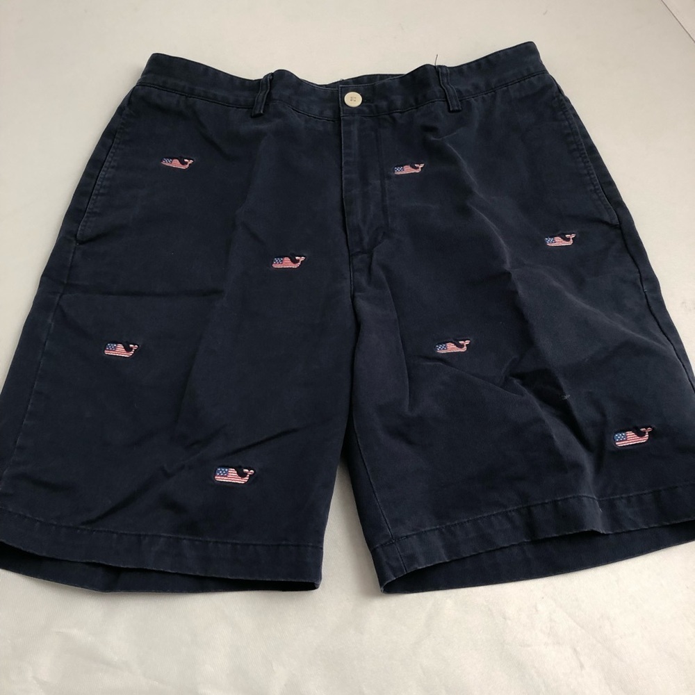 Vineyard Vines navy blue and embroidered American flag whale club shorts